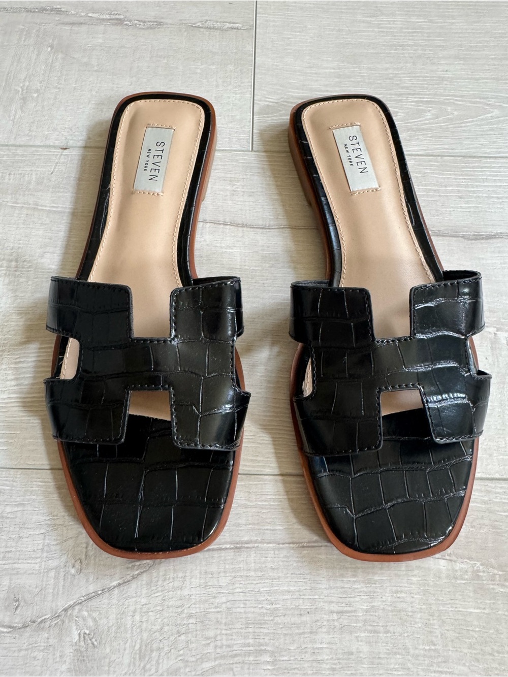 Steven By Steve Madden Black Croc-Embossed Slide Sandals